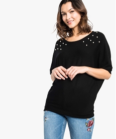 GEMO Pull ample manches courtes chauve-souris avec perles Noir