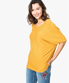 GEMO Pull ample manches courtes chauve-souris avec perles Jaune