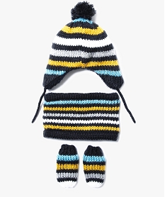 GEMO Ensemble rayé bonnet péruvien + snood + moufles Multicolore