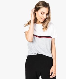 GEMO Tee-shirt femme avec manches courtes avec bande contrastante Blanc