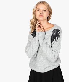 GEMO Pull pour femme avec des empiècements de sequins Gris