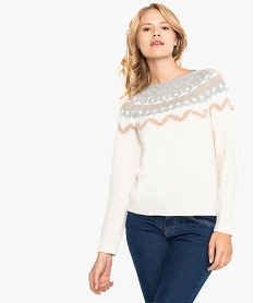 GEMO Pull femme avec motifs pailletés sur le buste Beige