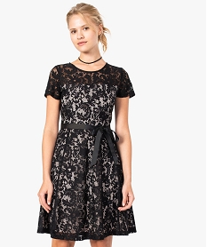 GEMO Robe femme en dentelle à manches courtes et bas ample Noir