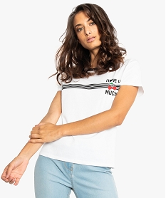 GEMO Tee-shirt femme avec col contrastant et imprimé poitrine Blanc