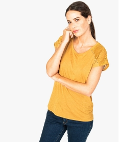 GEMO Tee-shirt femme effet irisé avec dentelle et clous métalliques Jaune