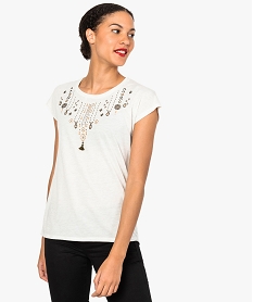 GEMO Tee-shirt avec borderies ethniques pour femme Beige