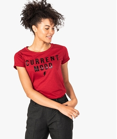 GEMO Tee-shirt femmes manches courtes à revers avec inscription devant Rouge