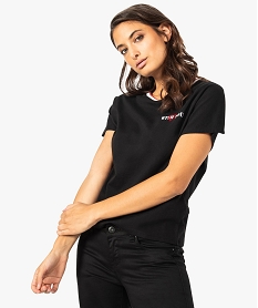 tee-shirt femme avec bord-cote raye au col et inscription poitrine noir t-shirts manches courtes8340201_1