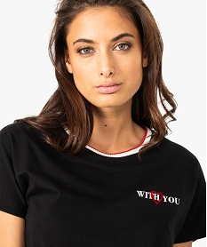 tee-shirt femme avec bord-cote raye au col et inscription poitrine noir t-shirts manches courtes8340201_2