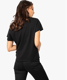 tee-shirt femme avec bord-cote raye au col et inscription poitrine noir t-shirts manches courtes8340201_3