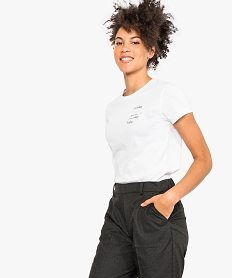 GEMO Tee-shirt femme à manches courtes et col rond inscription poitrine Blanc