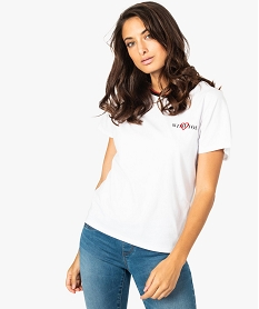 GEMO Tee-shirt femme avec bord-côte rayé au col et inscription poitrine Blanc