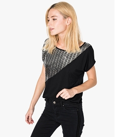 GEMO Tee-shirt bicolore avec strass pour femme Noir