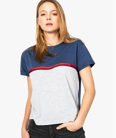 GEMO Tee-shirt femme avec manches courtes avec bande contrastante Bleu