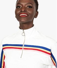 sweat femme avec col zippe et bande multicolore sur le buste blanc8570901_2