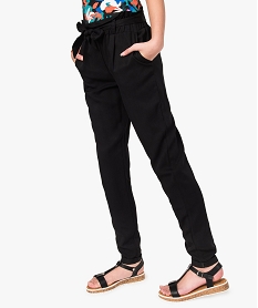 GEMO Pantalon en toile fille avec taille fantaisie et ceinture à nouer Noir