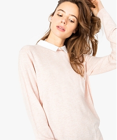 GEMO Pull femme 2 en 1 avec col et bas chemise contrastants Rose