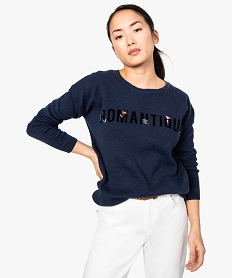 GEMO Pull femme façon sweat avec inscription velours Bleu