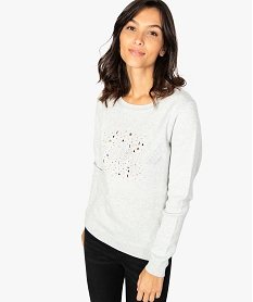 GEMO Pull femme avec inscription et strass multicolores sur lavant Gris