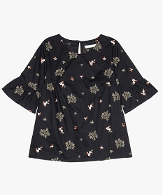 GEMO Blouse fille manches 34 à volants et broderies florales Noir