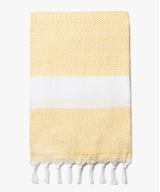 GEMO Drap de plage en coton tissé à motifs géométriques et pompons Jaune