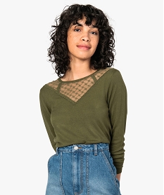 GEMO Pull femme en maille fine à décolleté dentelle Gris