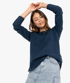 GEMO Pull femme chiné avec fentes latérales pressionnées Bleu