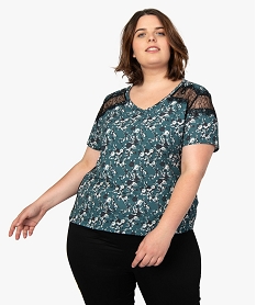 tee-shirt femme bi-matiiere avec motifs fleuris sur lavant et dentelle imprime tee shirts tops et debardeursA214901_1