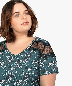 tee-shirt femme bi-matiiere avec motifs fleuris sur lavant et dentelle imprime tee shirts tops et debardeursA214901_2