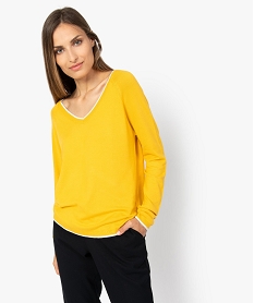 GEMO Pull femme à col v avec finitions liserés pailletés Jaune