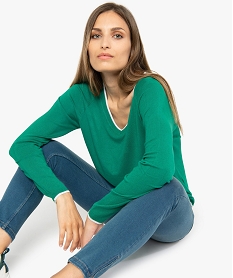 GEMO Pull femme à col v avec finitions liserés pailletés Vert