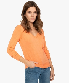 GEMO Pull femme en maille fine avec col en V Orange