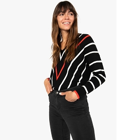 GEMO Pull femme tricolore avec motifs en forme de V Noir