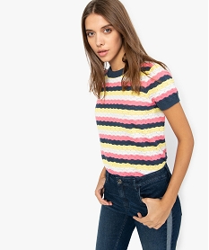 GEMO Pull femme à manches courtes et rayures multicolores Multicolore