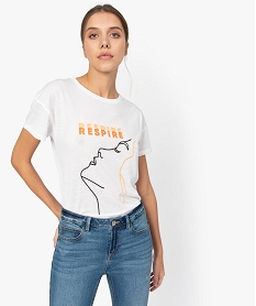 GEMO Tee-shirt femme fluide à manches courtes avec imprimé Blanc