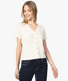 GEMO Tee-shirt femme pailleté à boutons et dentelle Beige