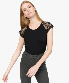 GEMO Tee-shirt femme à manches en tulle et dentelle Noir