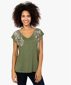 GEMO Tee-shirt femme manches courtes col V imprimé floral Vert