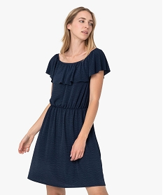 GEMO Robe femme en crêpe gaufré à décolleté volanté Bleu