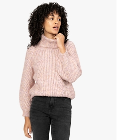 pull femme a col roule et grosse maille douce rose pullsB017601_1