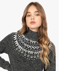 GEMO Pull femme à col montant avec décolleté fantaisie Gris