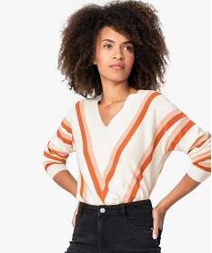 GEMO Pull femme tricolore avec motifs en forme de V Imprimé