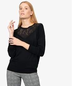 GEMO Pull femme fin à plastron en dentelle Noir