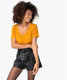 GEMO Tee-shirt femme à col V et manches courtes Jaune