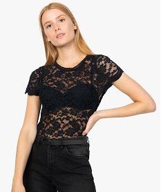 GEMO Tee-shirt femme à manches courtes en dentelle transparente Noir