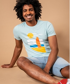 GEMO Tee-shirt homme chiné à motif estival stylisé Bleu