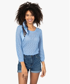 GEMO Pull femme en maille fine ajourée Bleu