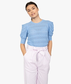 GEMO Pull femme à manches courtes en maille ajourée Bleu