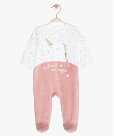 pyjama bebe en velours motif licorne a pont-dos pressionne rose pyjamas veloursB607701_1