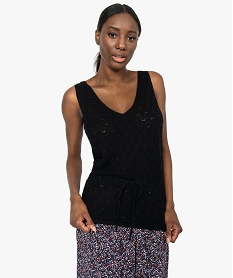 GEMO Pull femme sans manches avec double col V en maille ajourée Noir